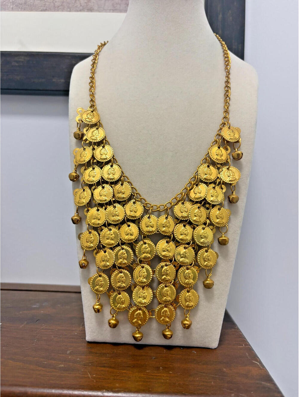 Vintage 1960s 1970s Bohemian Coin Necklace Bib Style Gold Tone Gypsy Glam Retro